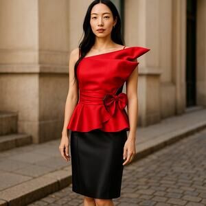 Vintage JCPenney Red Peplum Top Rhinestone Bow Detail Size 11 12